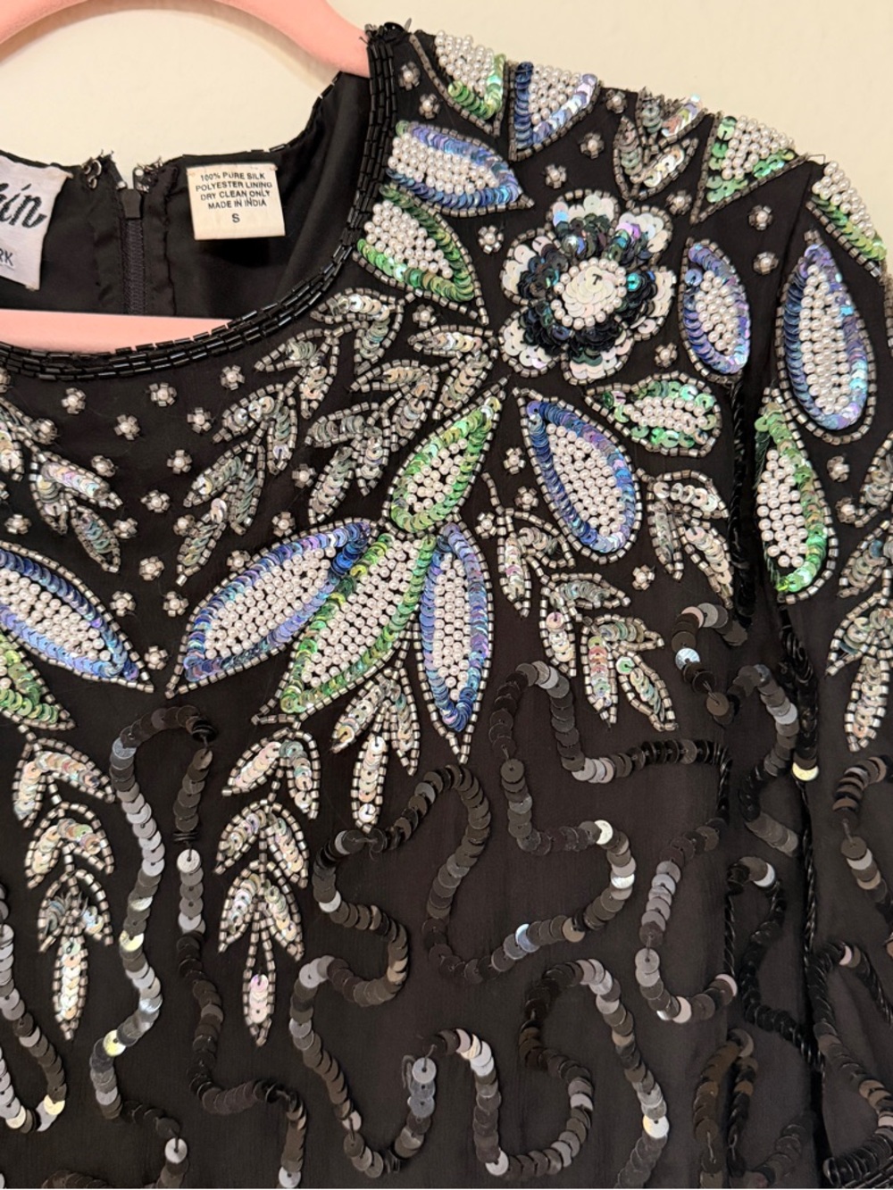 Vintage Sazin New York Beaded Silk Blouse Black Sequin Embellished Top S - Picture 6 of 11